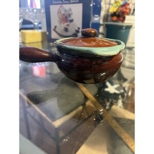Vintage Unmarked Stoneware French Onion Soup Bowl with Lid Brown Teal Drip Glaze